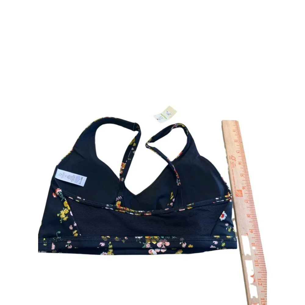 NWT Aerie Offline Floral Print Mesh Back Plunge Sports Bra Black Size Small